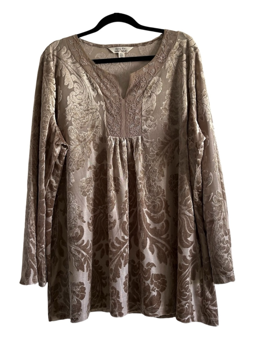 Krazy Kat Taupe Burnout Velvet Embroidered Boho Tunic Top XXL